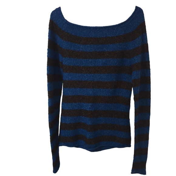 BCBGMAXAZRIA Women Pullover Fuzzy Sweater Striped Wool Blend Blue Black Sz L - Picture 3 of 6